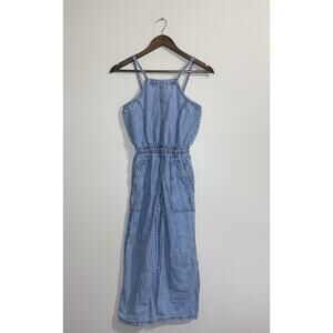 Zara Girls Denim Dungaree Jumpsuit Wide Leg Pockets Open Back Size 9